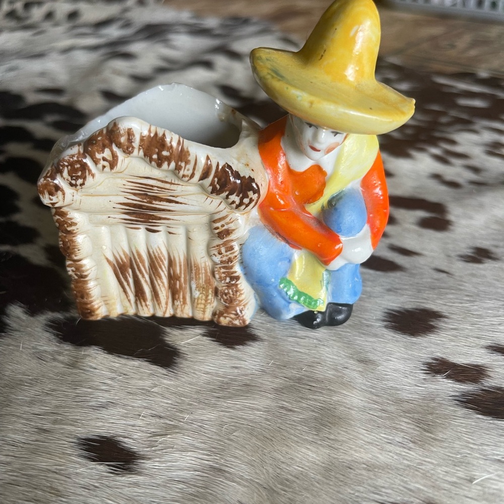 Vintage, ceramic toothpick holder, Mexican man, sombrero hat, house japan